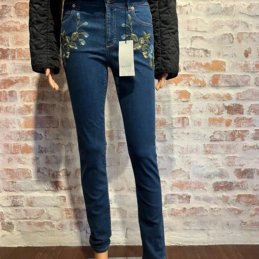 GUCCI Blue Floral Embroidered Mid-Rise Skinny Jeans SZ29